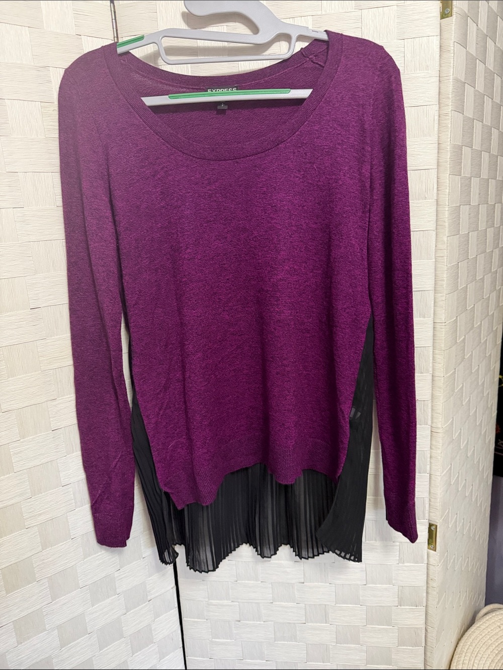 Express Women’s Plum Knit Long-Sleeve Top with Black Pleated Hem